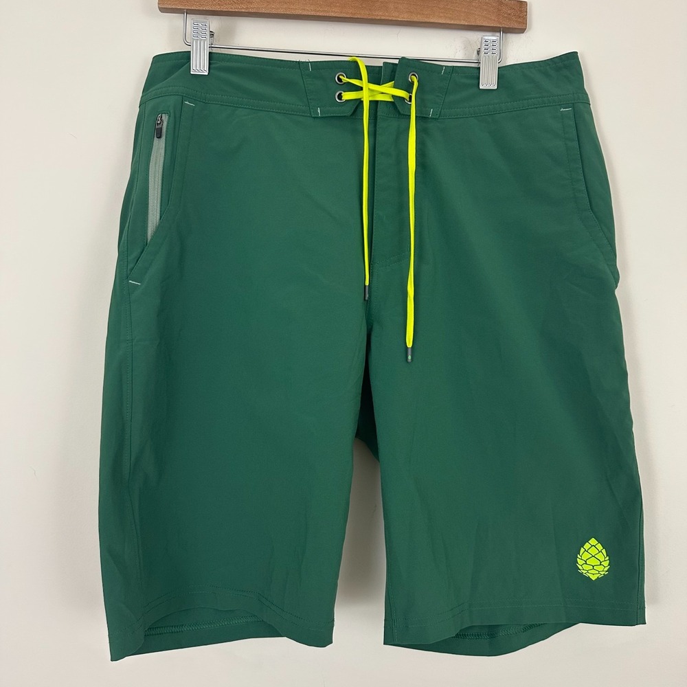 Stio CFS Board Shorts Forest Green Logo Mesh Lined Stretch Swimwear Mens 33x10.5